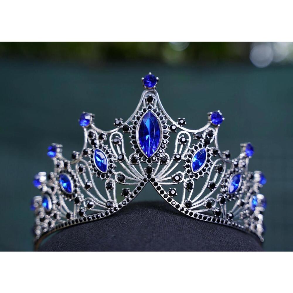 Tiered Blue Crystal Tiara Vintage Silver Bridal Goth Crown Birthday